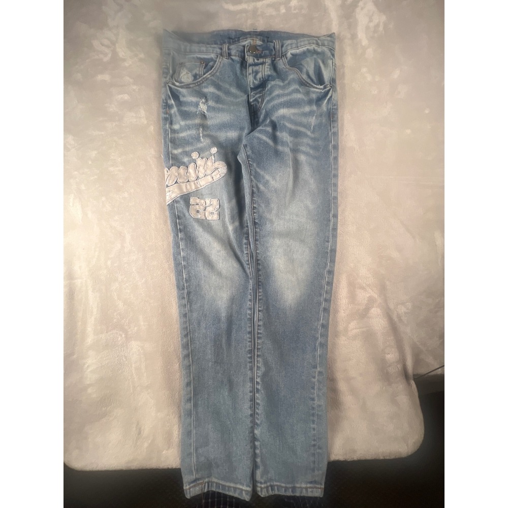 Amiri Mens Light Wash Distressed Varsity Logo Patch Button Fly Jeans Size 32